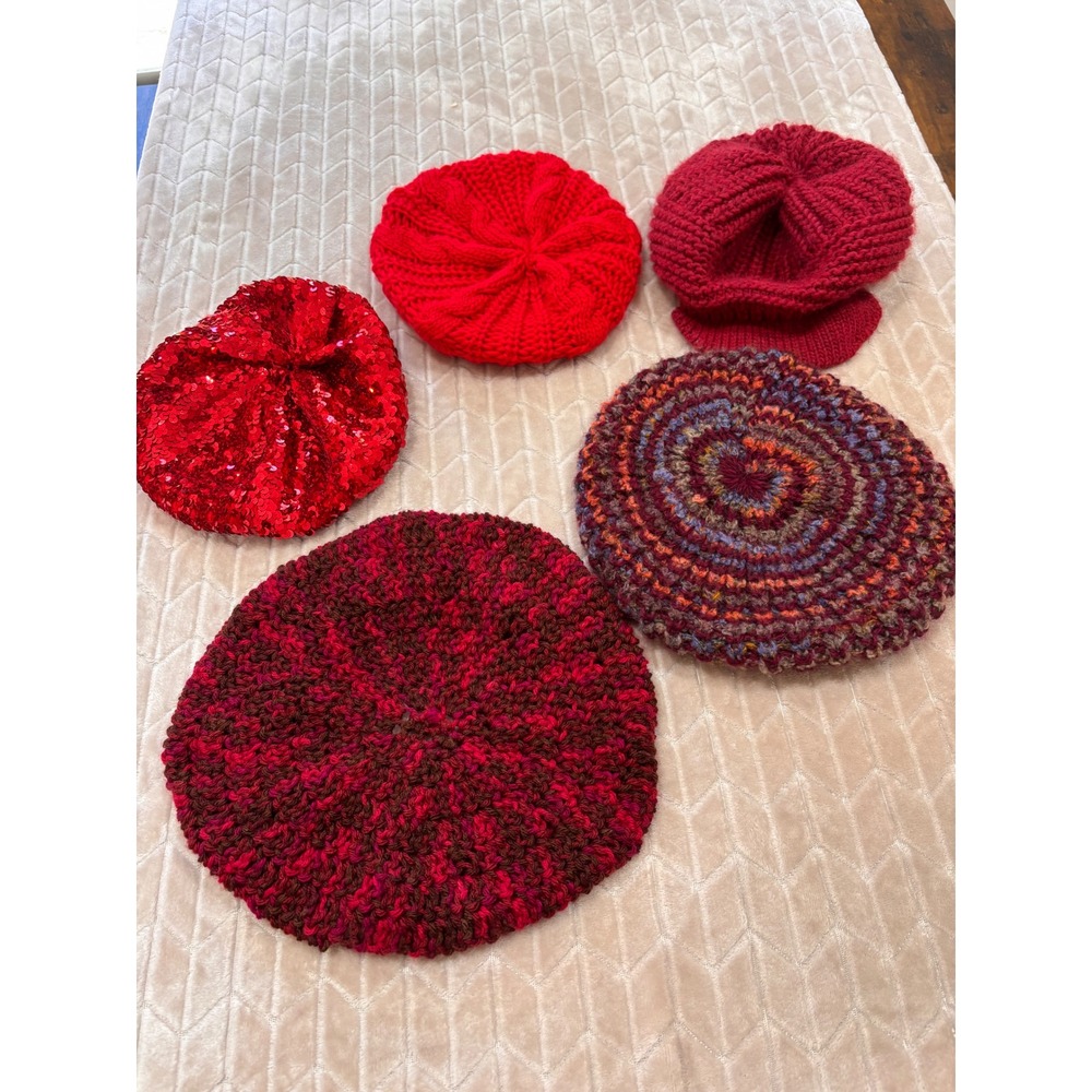Lot of 5 Red Knit Berets and Newsboy Hats Sequin Cable Knit Multi Tonal Bundle